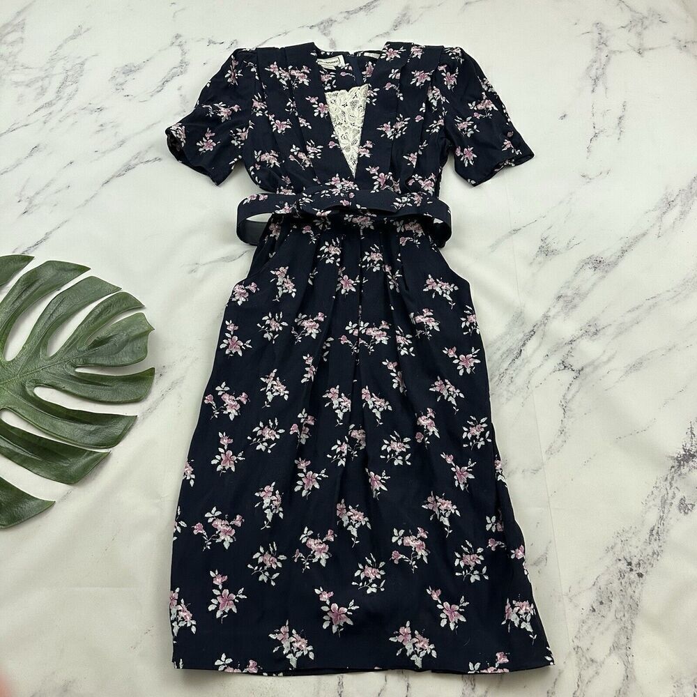 Karin Stevens Womens Vintage 90s Midi Dress Size 6 Navy Blue Pink Floral Lace